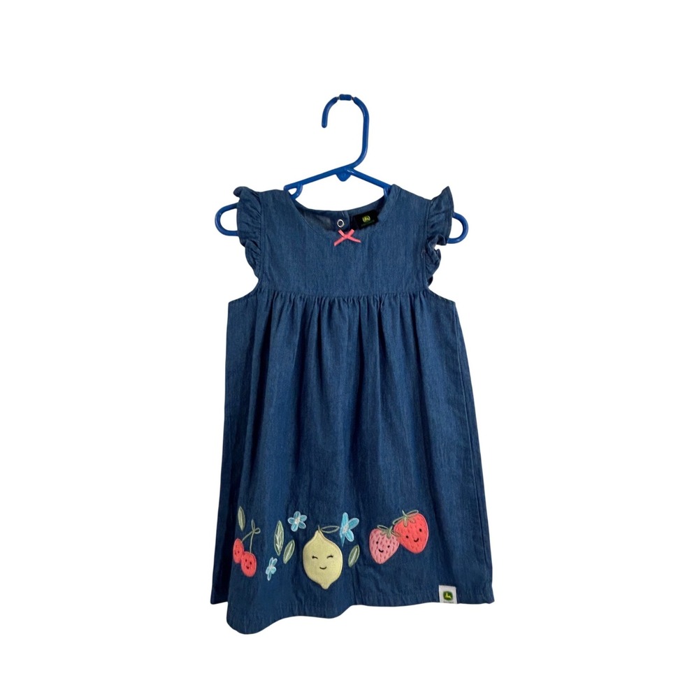 John Deere Denim Dress 3T Blue Fruit Embroidered Flutter Sleeve Girls